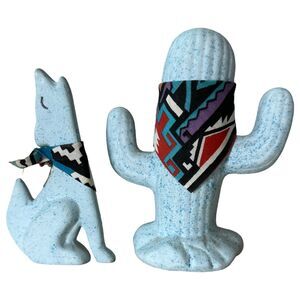 Southwest Southwestern Howling Coyote Cactus Ceramic Figurines Set of 2